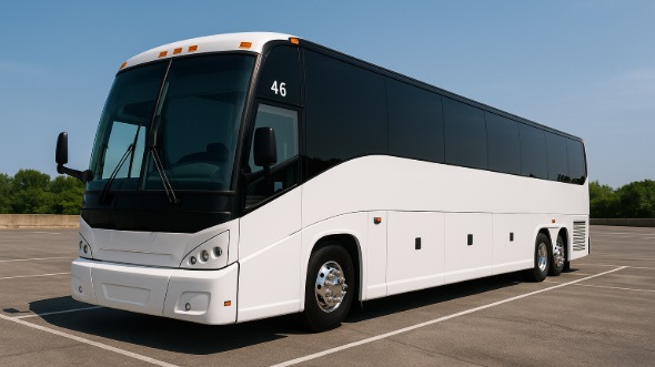 Exterior of Charter Bus Company New Braunfels's 54 Passenger Charter Bus in New Braunfels